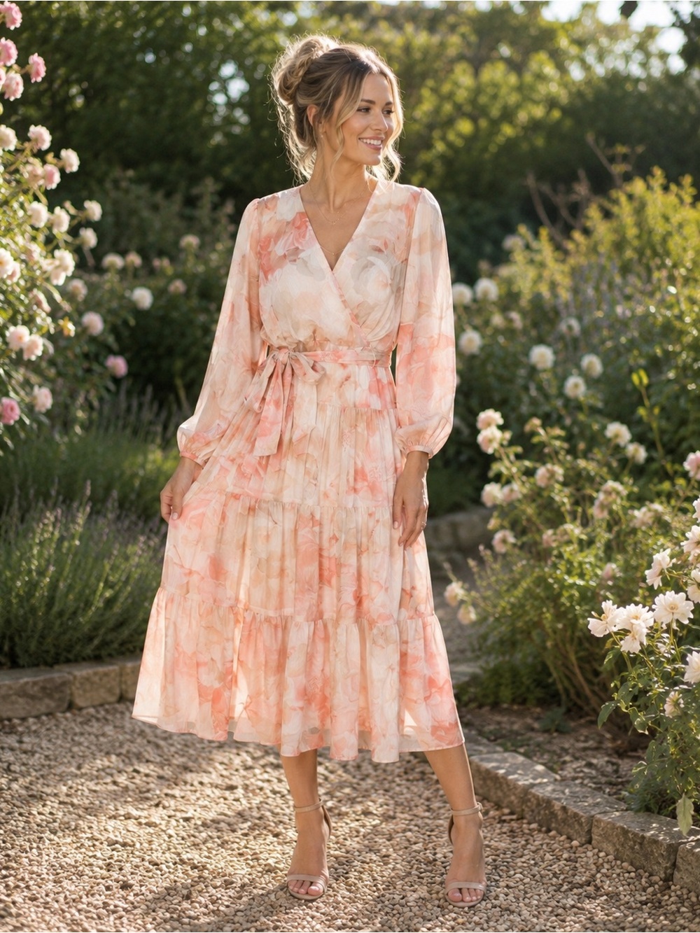 Calvin Klein Floral Wrap Midi Dress in Peach Pink size 10